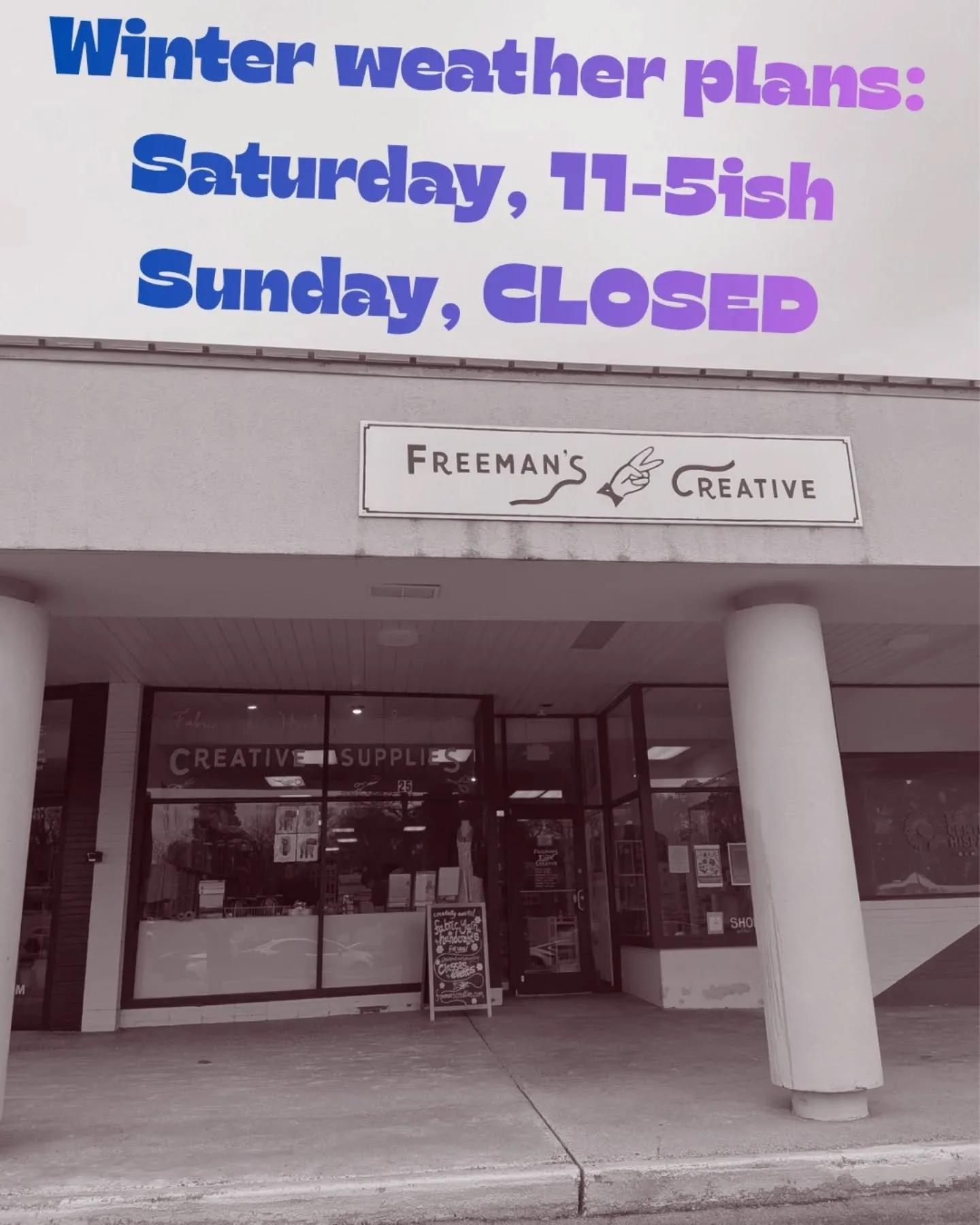 I know many of us are stocking up on craft supplies in anticipation of the winter storm headed our way, and never fear, we will be open tomorrow for all your crafty needs. We will be open until 5 pm, or whenever precipitation begins so everyone can g