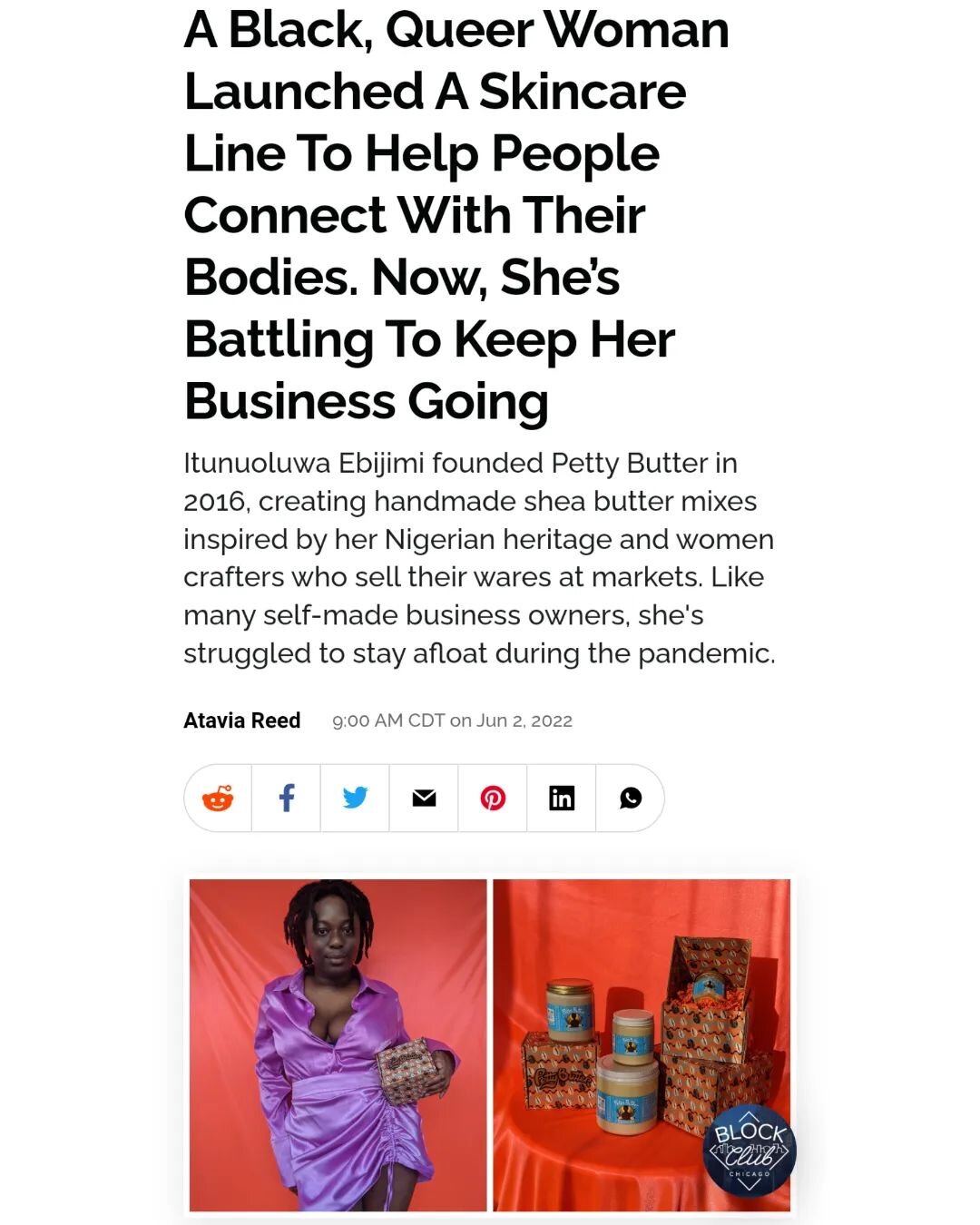 Thank you @blockclubchi and Atavia Reed for writing Petty Butter in your Pride newsletter!

When I was asked to do this interview, I didn't want to present a fluff story about my small business and entrepreneurial life. I talked about my issues with 