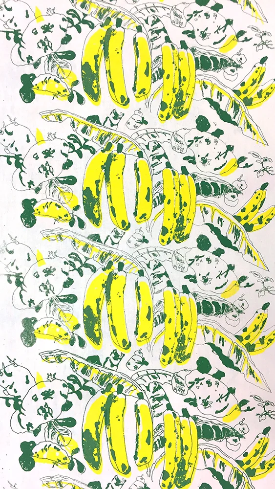 Explaining Plaintains to White People (potato banana), 2018 two color silk screen print on cotton 54x96” collaboration with Lauryn Welch