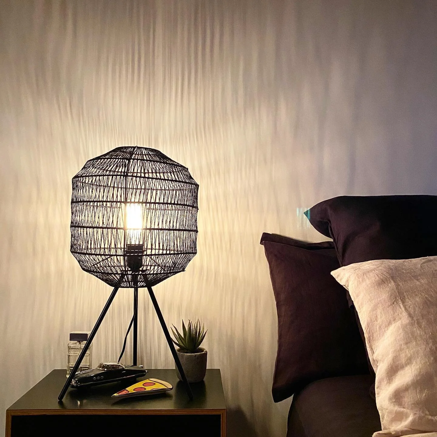Don’t underestimate the beauty and ambience that can be created with lighting. This property had one light centred on a 2.7 ceiling. So adding light was essential. These wire cage table lamps provide soft warm light with gorgeous shadows. #win