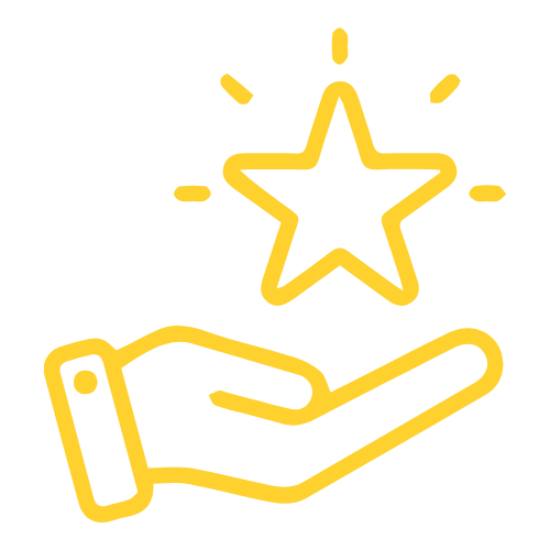 Outline of a hand holding a star with small lines around it, in yellow on a black background.