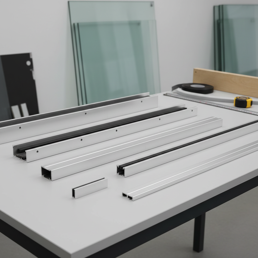 Aluminum extrusion components on a white table, with a measuring tape and a reel of cable in the background, in a workshop setting.