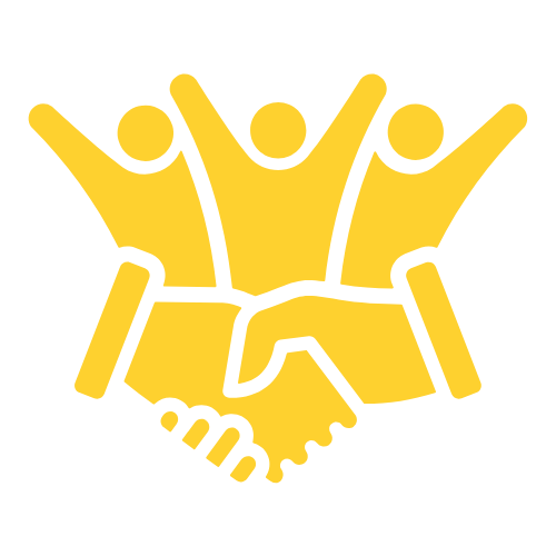 Illustration of three yellow figures with raised arms behind a large yellow handshake, symbolizing teamwork or agreement.