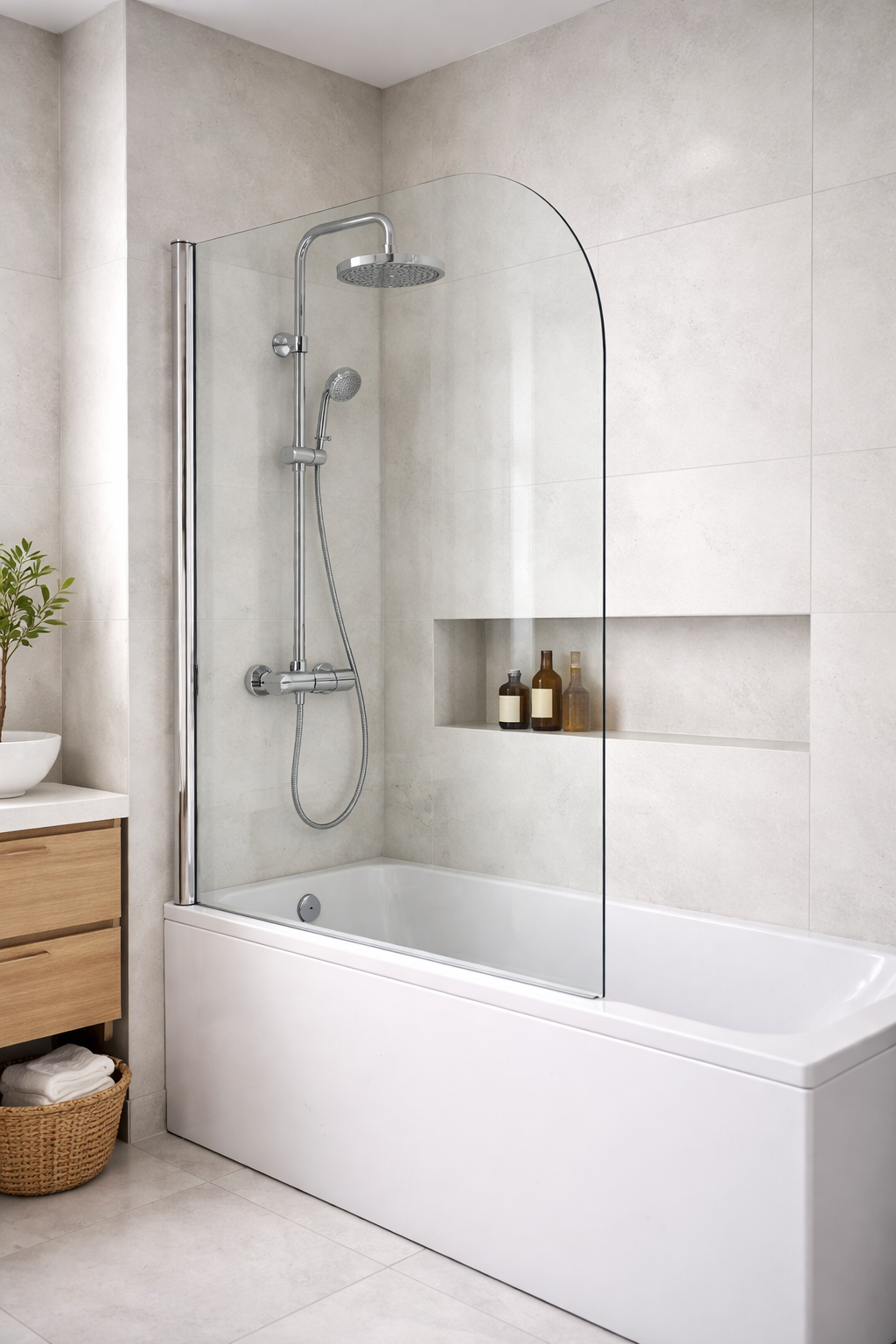 Bathroom with a glass-enclosed shower, a toilet, a small sink, beige tiled walls, and a spray bottle on the floor.