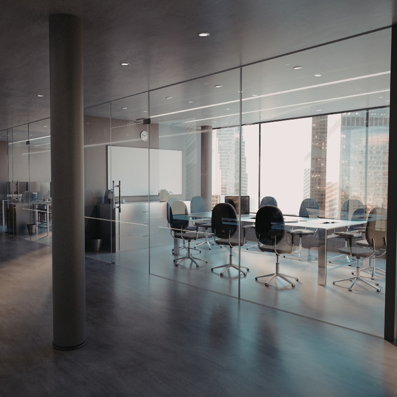 Empty modern conference room with large windows showing city skyscrapers, glass walls, and office chairs around a conference table.