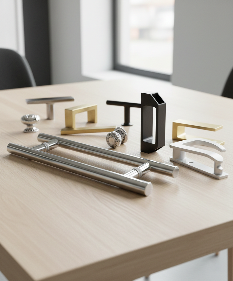 Various cabinet hardware handles and knobs laid out on a light wood table inside a room with large windows.