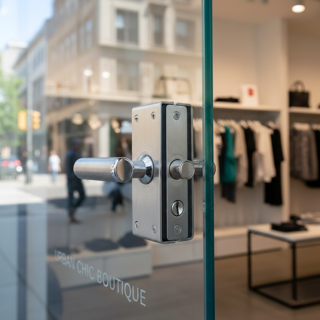 Close-up of a glass door with a metal door handle, revealing the interior of a clothing boutique with racks of clothes inside.