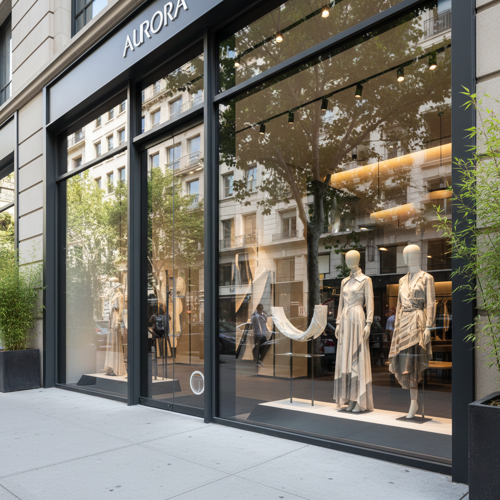 Storefront window with mannequins dressed in fashion, titled 'Aurora'. Reflects trees and buildings on the street outside.