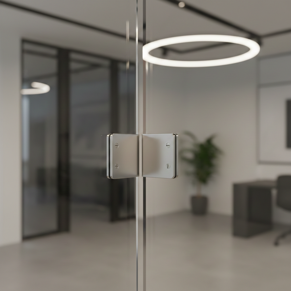 Close-up of a glass door handle in an office setting with modern lighting and a plant in the background.