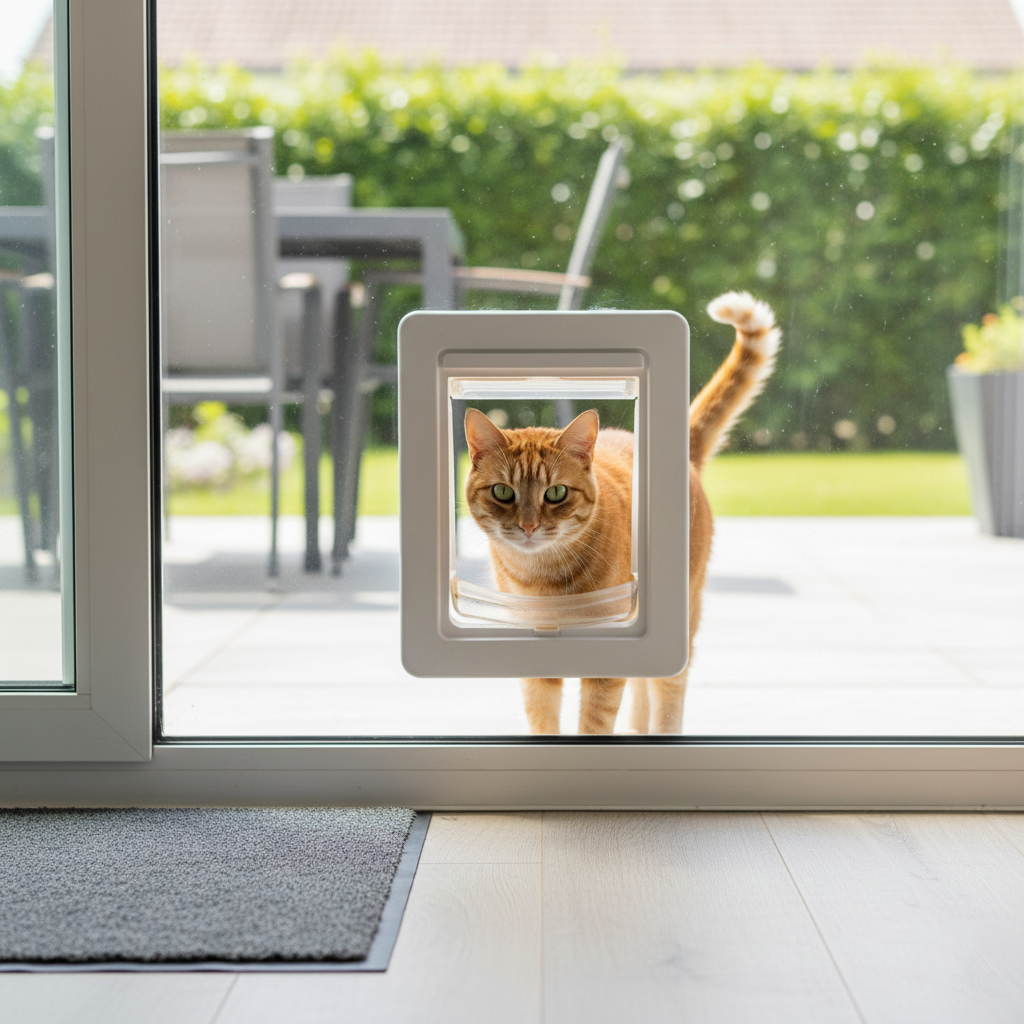 Orange tabby cat peering through a pet door in a sliding glass door, with a backyard visible outside.
