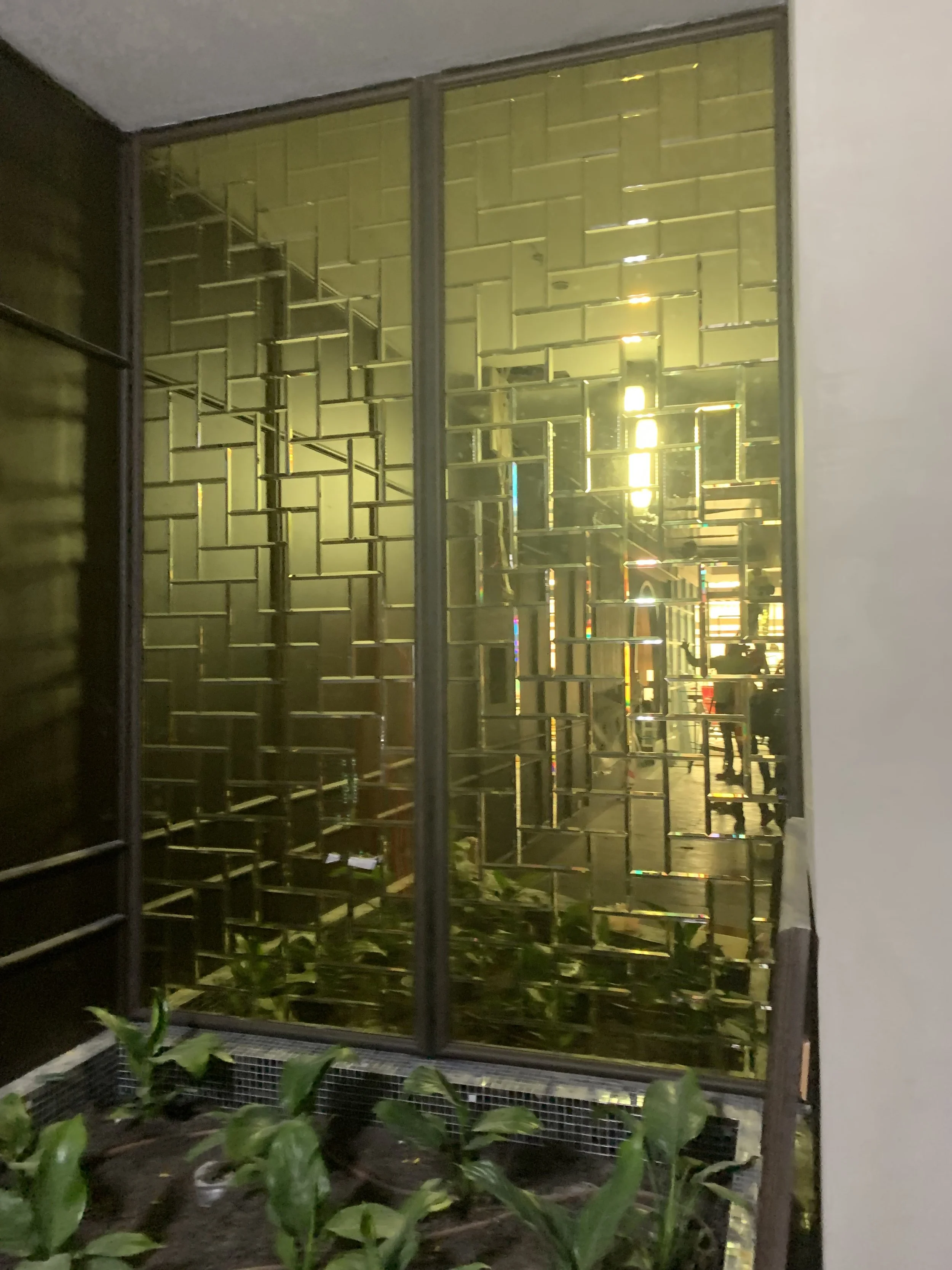 Close-up of a decorative, geometric metal screen or partition with a reflective gold finish, behind glass, with surrounding indoor plants at the bottom.