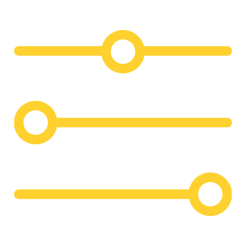 Illustration of three horizontal sliders with yellow handles on a black background.
