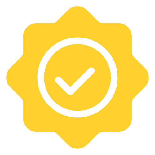 Yellow badge with a black check mark inside a circle
