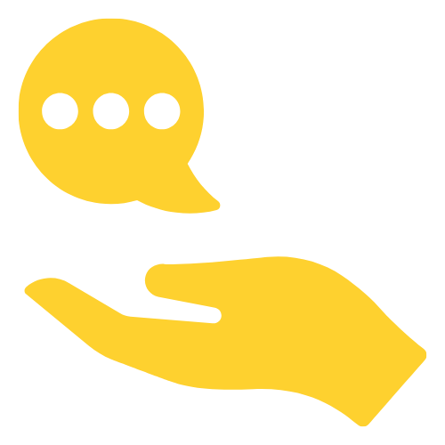 Yellow hand holding a speech bubble with three dots inside, representing communication or conversation.