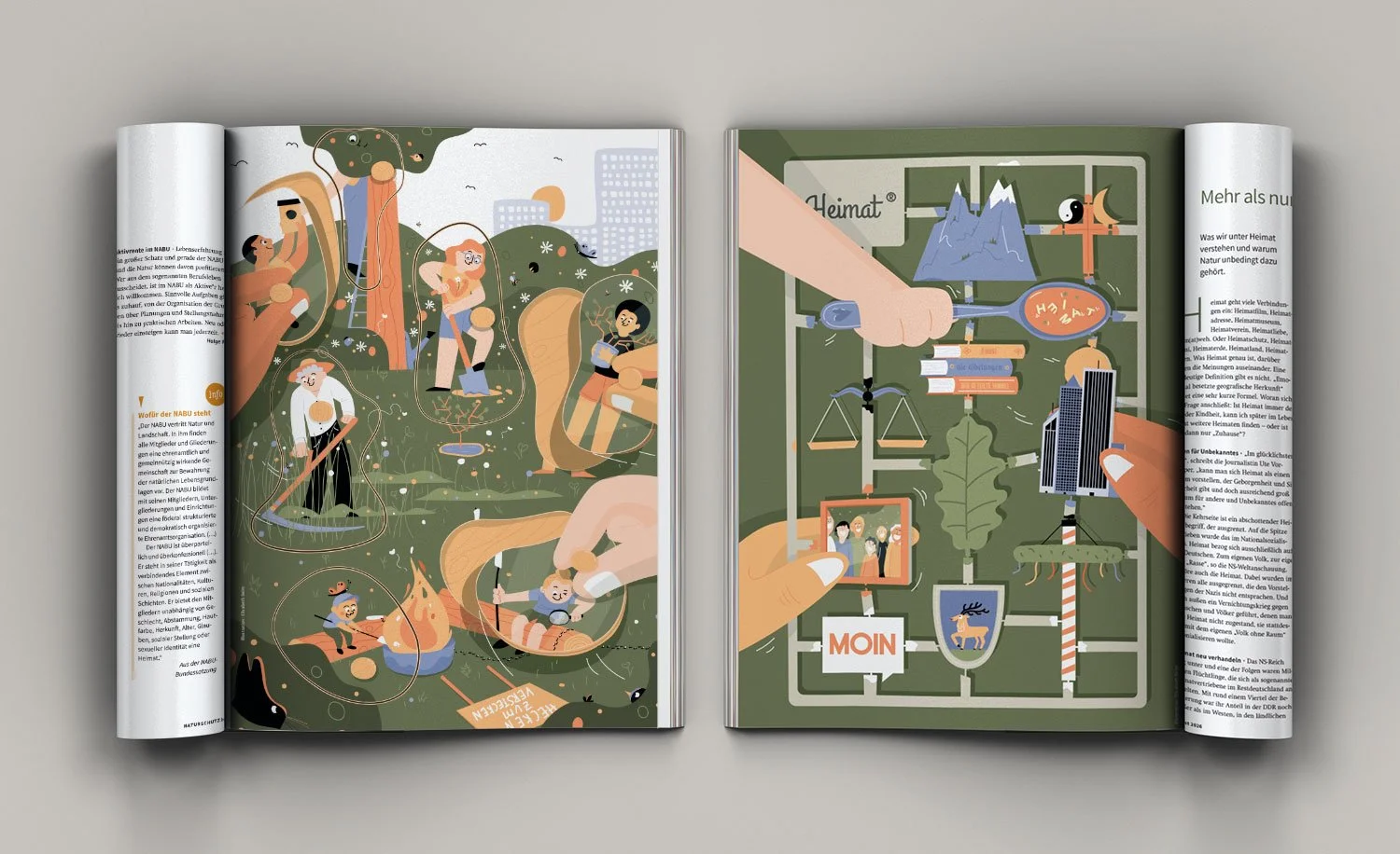 Editorial Illustrationen im NABU-Magazin „Naturschutz heute“ 03/2026 zum Thema Heimat und Naturschutz, Elisabeth Deim