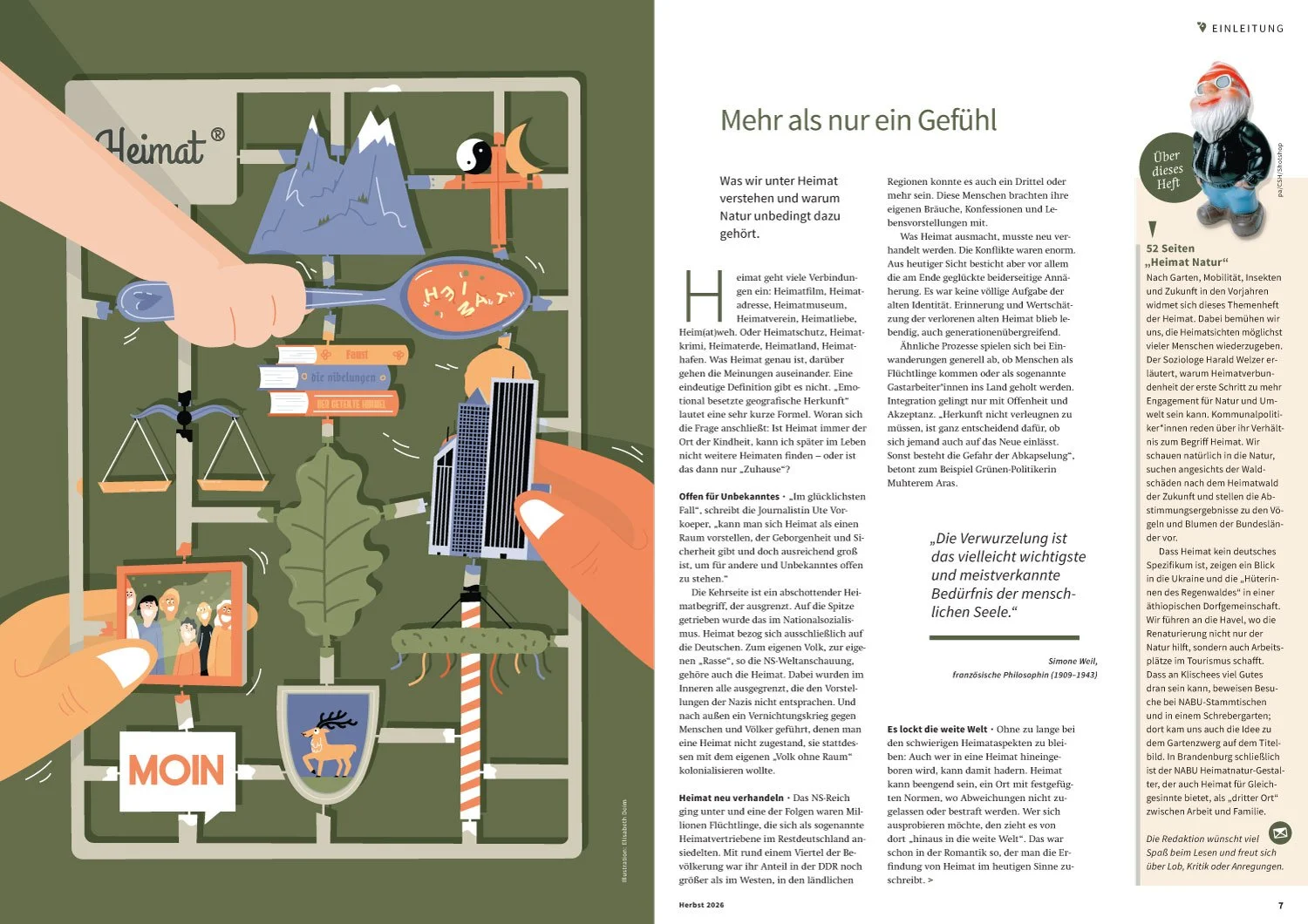 Editorial Illustration „Heimat. Mehr als nur ein Gefühl.“ in Naturschutz heute 03/2026 von Elisabeth Deim