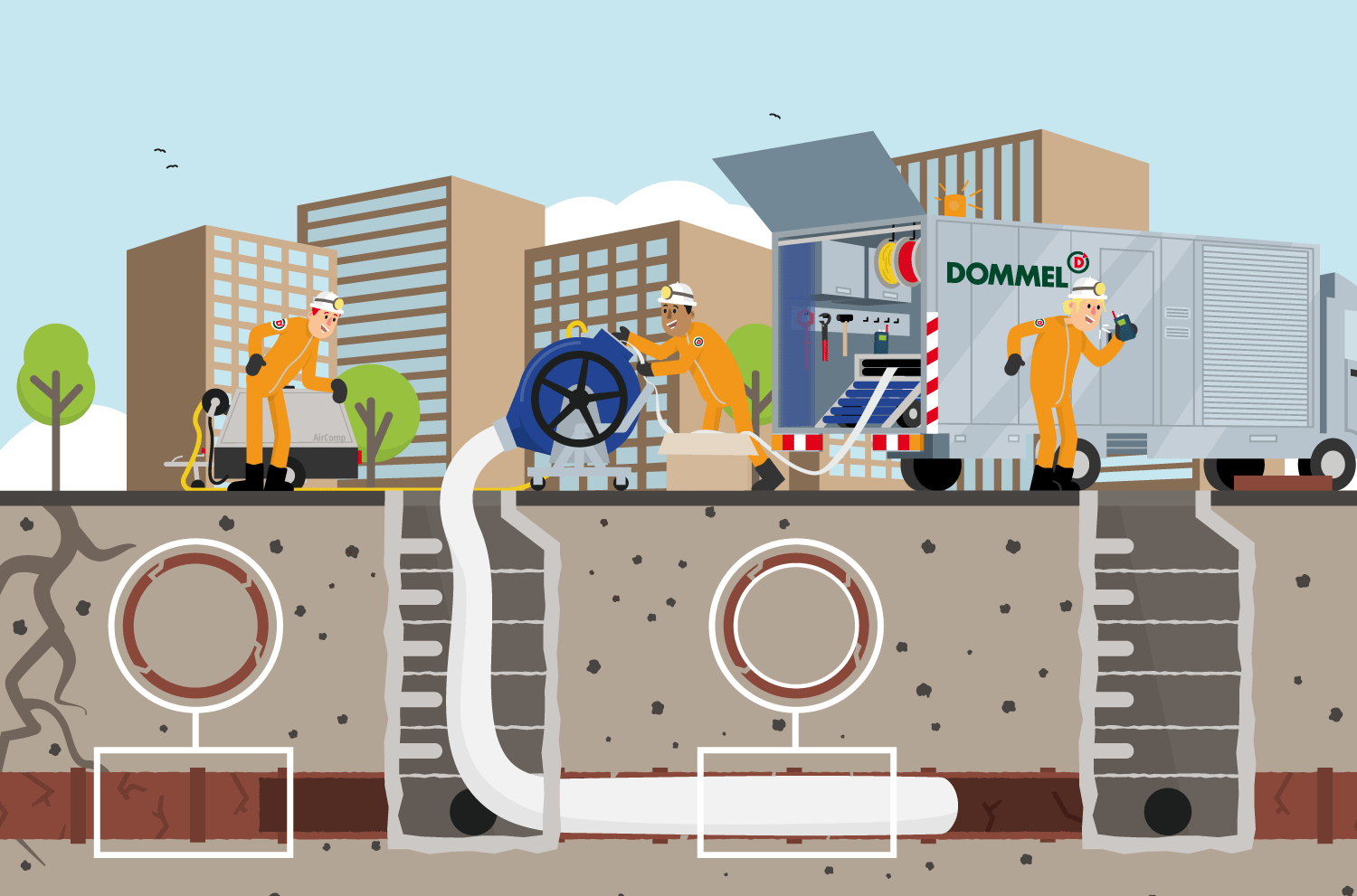 Erklärende Illustration zur Kanalsanierung mit Schlauchliner – Elisabeth Deim