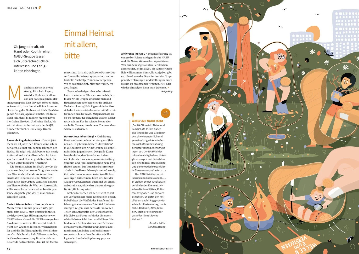 Editorial Illustration „Einmal Heimat mit allem, bitte.“ in Naturschutz heute 03/2026 von Elisabeth Deim