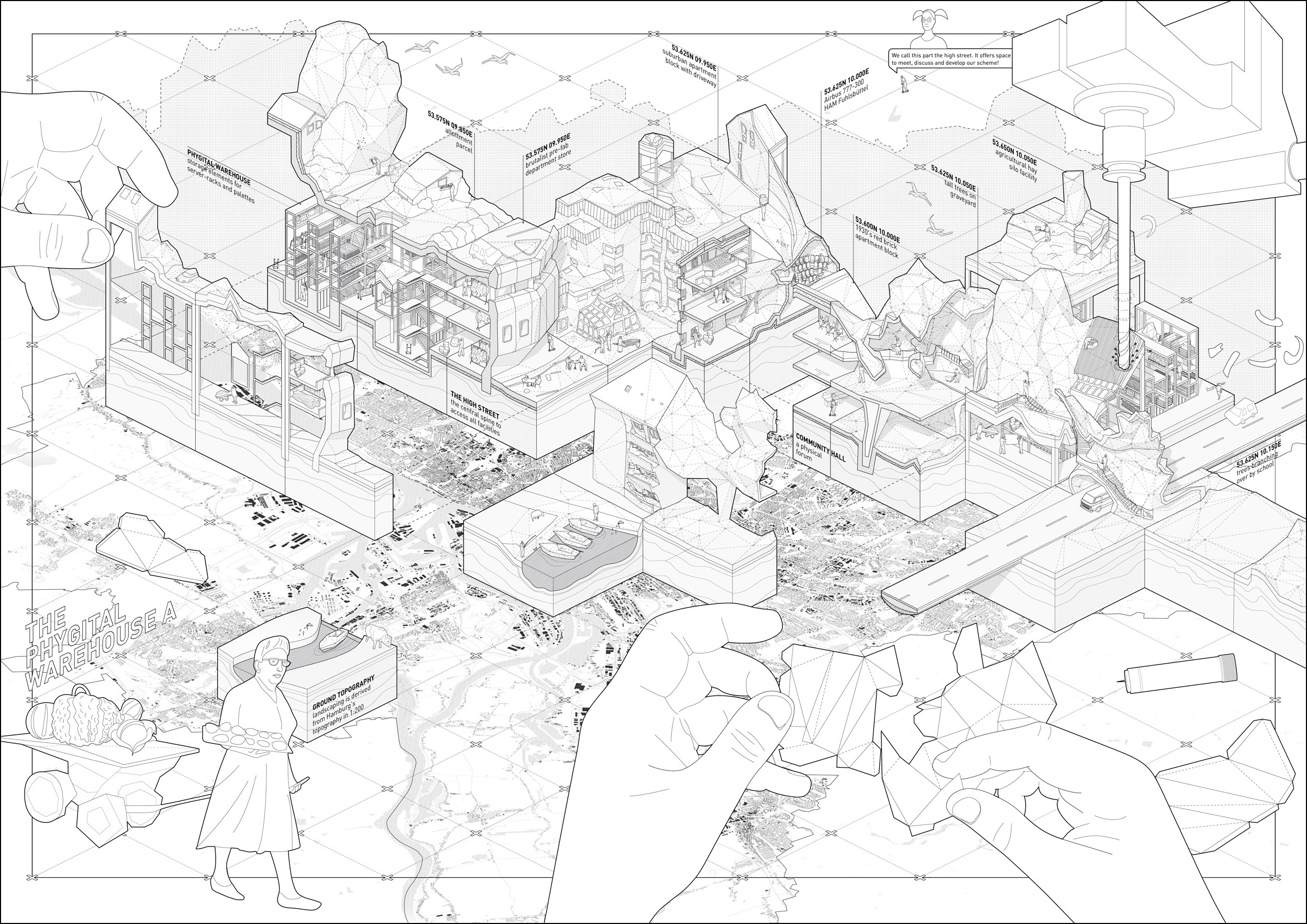 Low Res City – The Phygital Warehouse, Y5. Tutors: Prof. Laura Allen and Prof. Mark Smout . In my design proposal I focus on the 'Phygital Warehouse'. Its program accommodates physical and virtual storage for the 'game' resources, as well as providing spaces for the community in which meta-decisions about the game and its mechanics can be discussed and made. The design language is informed by 80 samples of Hamburg that are mined from Apple Maps. Using photogrammetry on screenshots allows me to obtain low-resolution pointclouds of the whole city. Pinpointing where to 'grab' data, the intersections of a coordinate grid overlaying the city perimeter limits my agency as curator. The 15 x 15 meter sized 'specimens' become true representatives of the city fabric – amongst others containing bits of crop elds, of the Autobahn, of a brutalist warehouse (48). These samples are used as enclosure of the required spaces as well as 1:1 testbeds for the laypersons to test Realized Augmentity as delivery method. Once the building is completed, the islanders are prepared to take over their island – having actually built every bit of a city by themselves. 