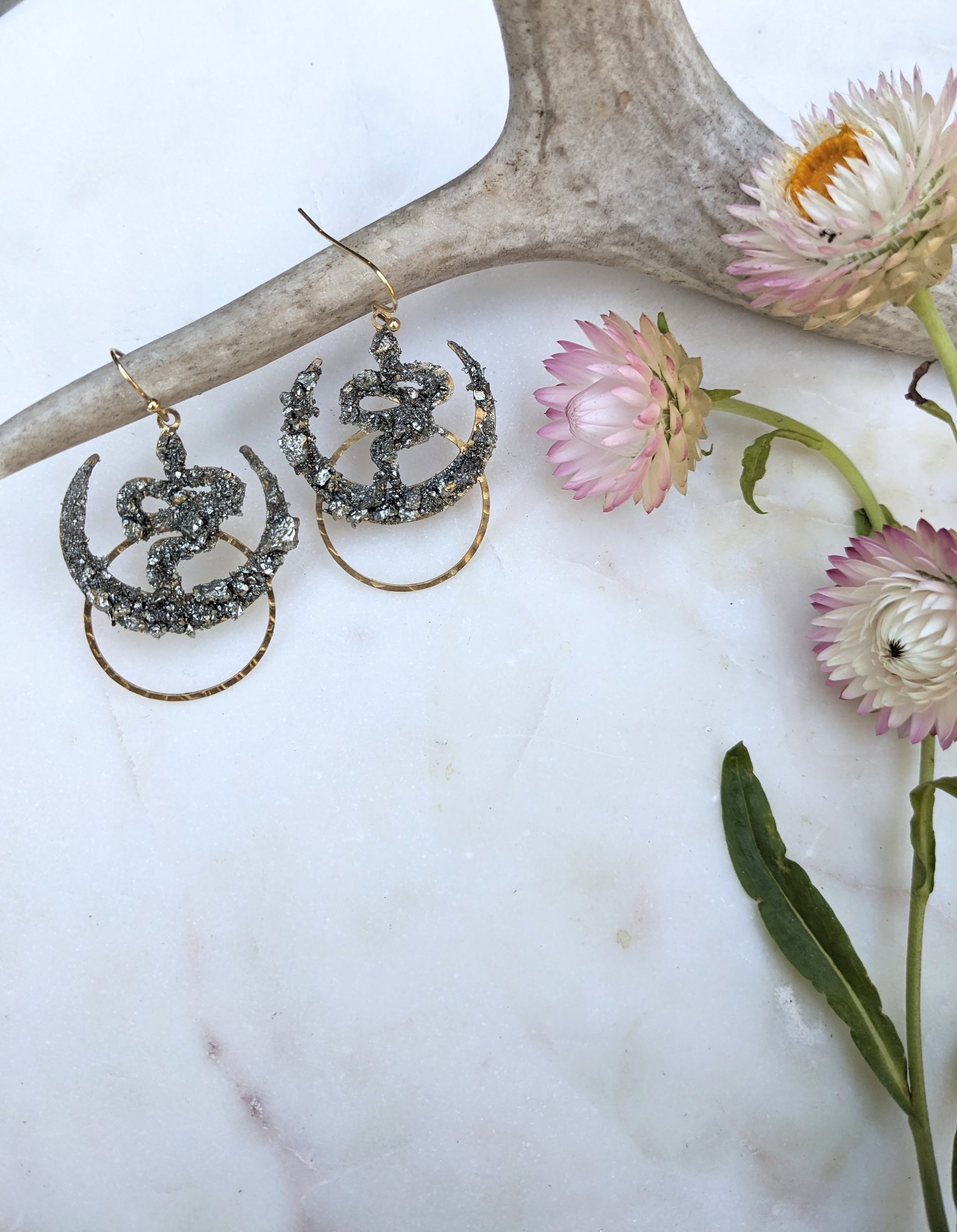 Serpent Moon Earrings with Hand-Crushed Pyrite – Mystical Crescent Snake Statement Jewelry