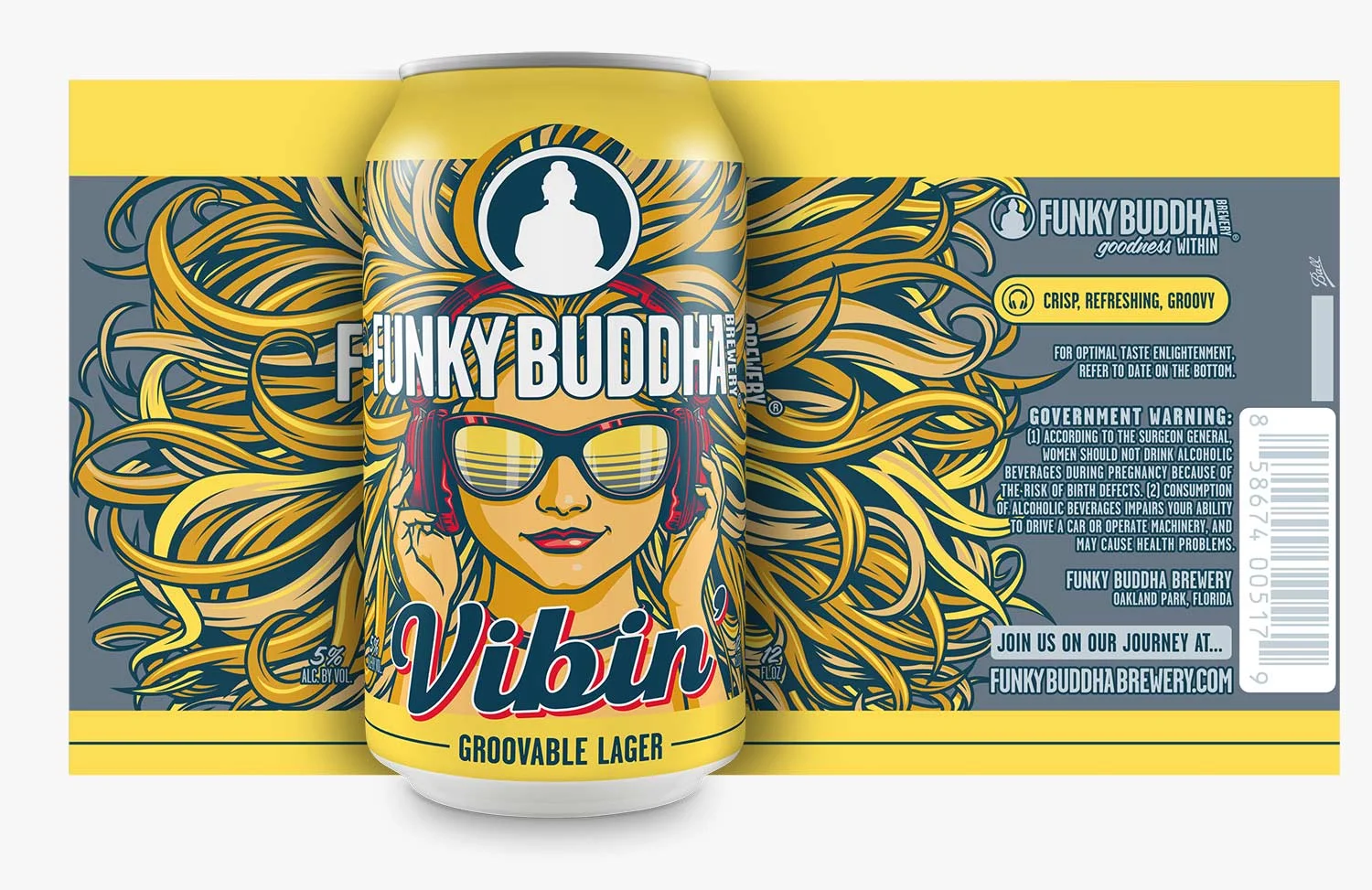 Funky Buddha Brewery Vinbin' Groovable Lager can and can carrier box design and artwork.