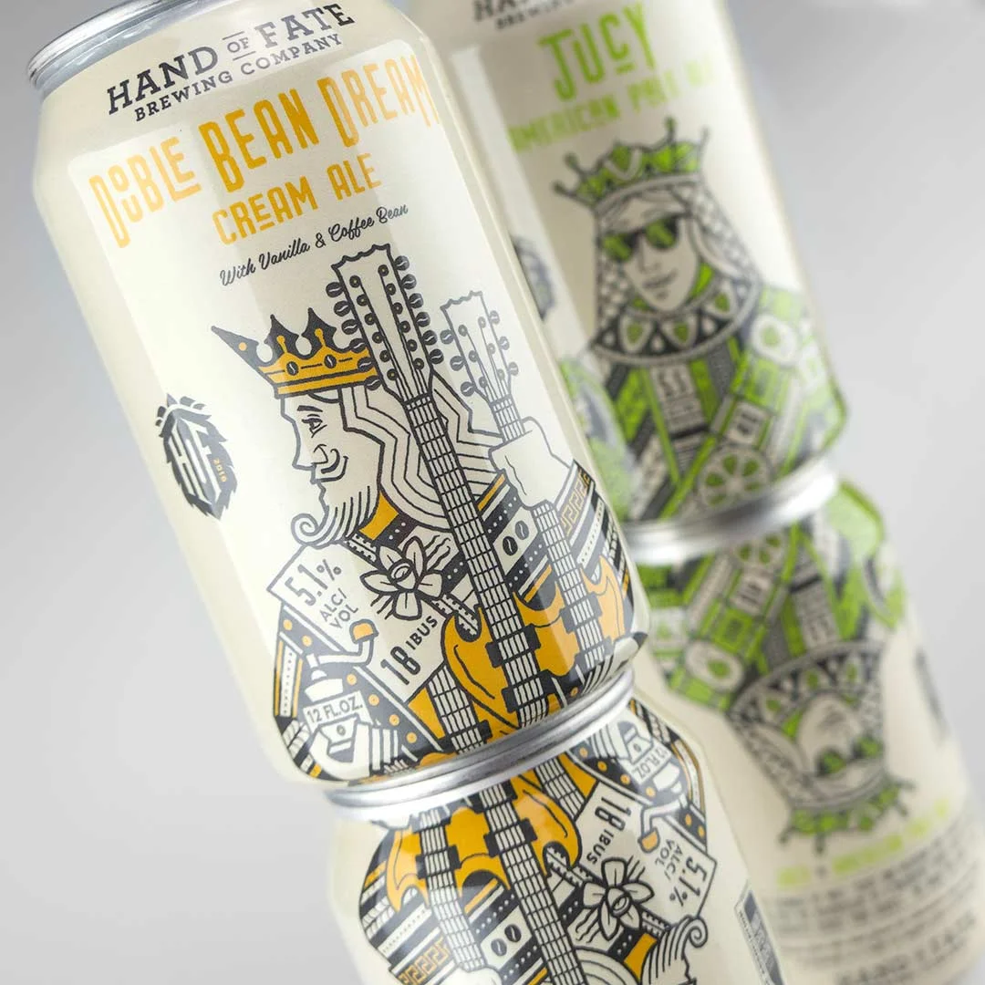 Stacking cans design for Hand of Fate Brewing Co. Double Bean Dream Cream Ale.