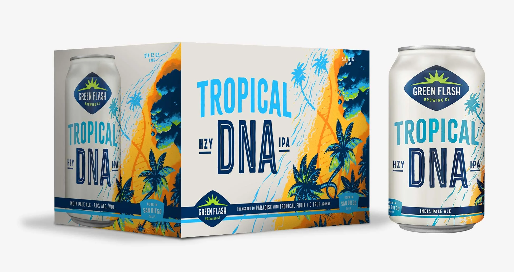 Tropical DNA Hazy IPA 6-pack, bottle label, can design, can box.