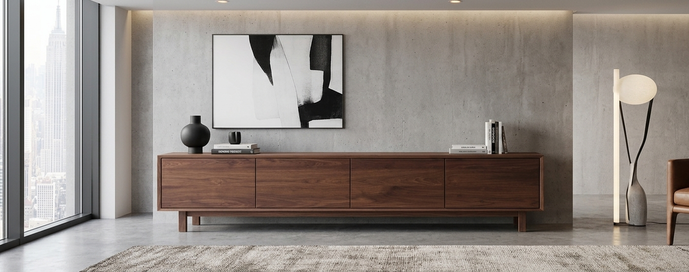 Modern living room with a wooden sideboard, abstract black-and-white artwork, decorative vases, and a tall floor lamp, overlooking a city skyline through large glass windows.