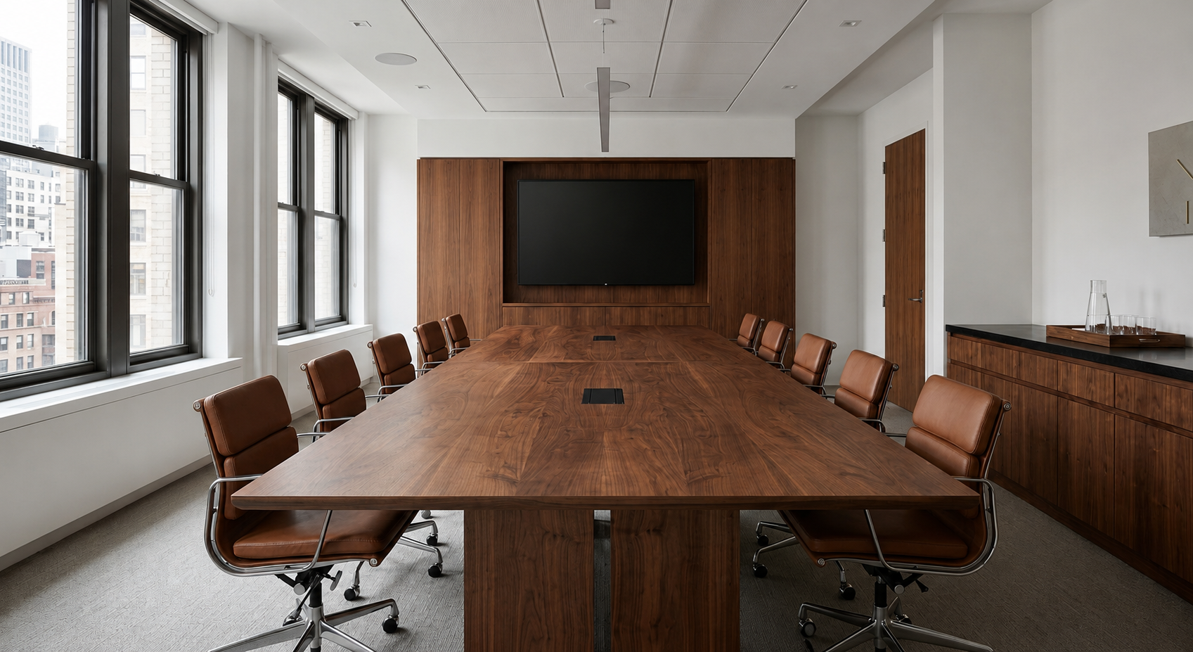 conference room with a long wooden conference table, leather chairs, large windows, and a large TV on a wood-paneled wall.