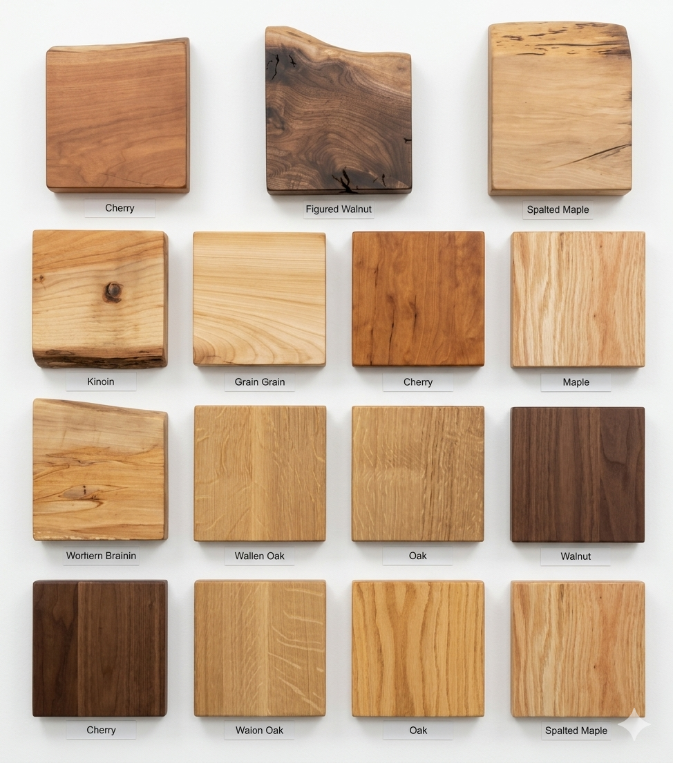 12 wood sample squares labeled with different types of wood, including cherry, figured walnut, spalted maple, kinoin, grain grain, worftern brainin, wallen oak, oak, walnut, and spalted maple, arranged in a grid on a white background.