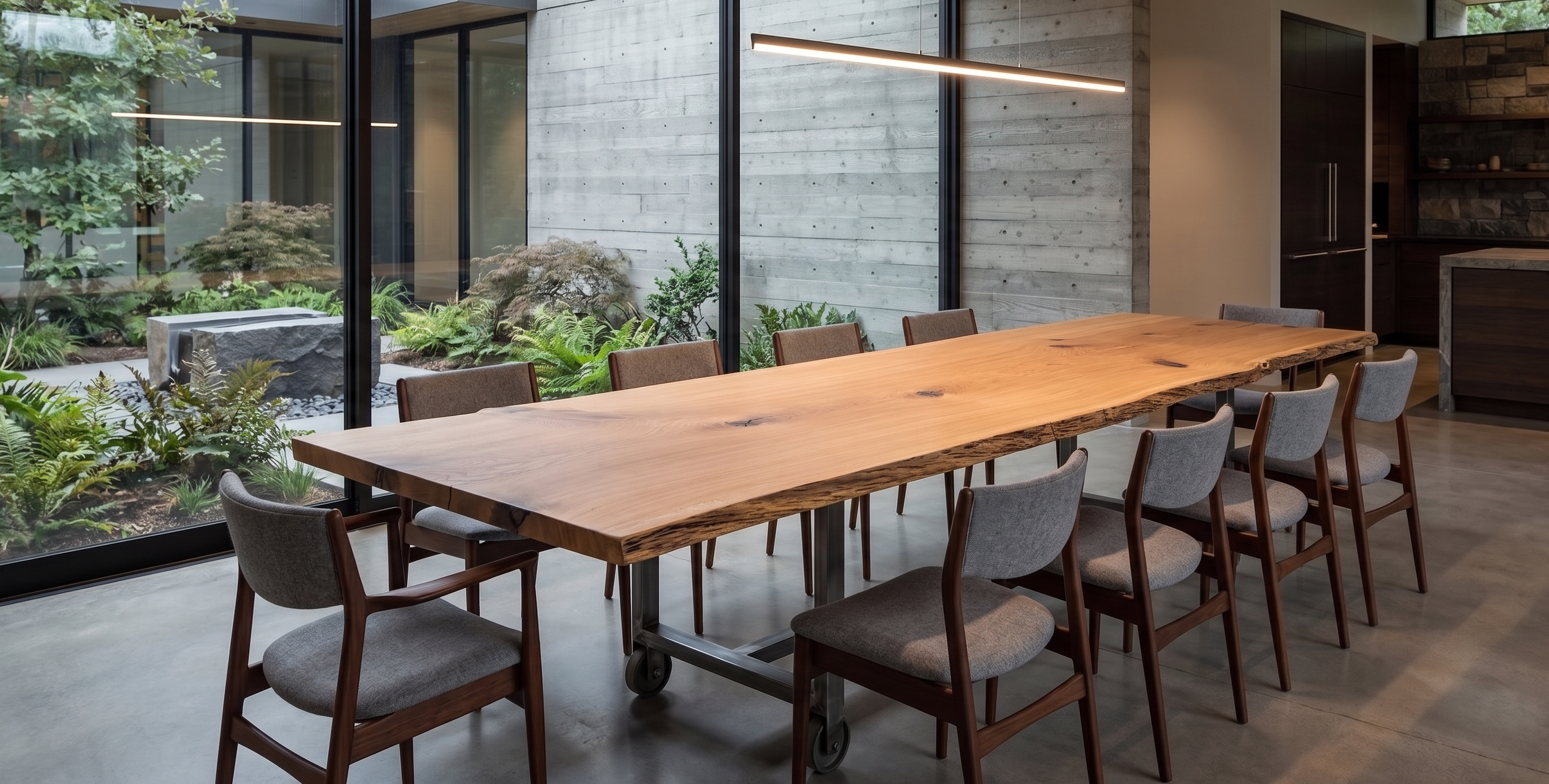 Modern dining room with a large wooden table and gray upholstered chairs, featuring floor-to-ceiling glass windows overlooking a lush indoor garden with various plants and rocks.