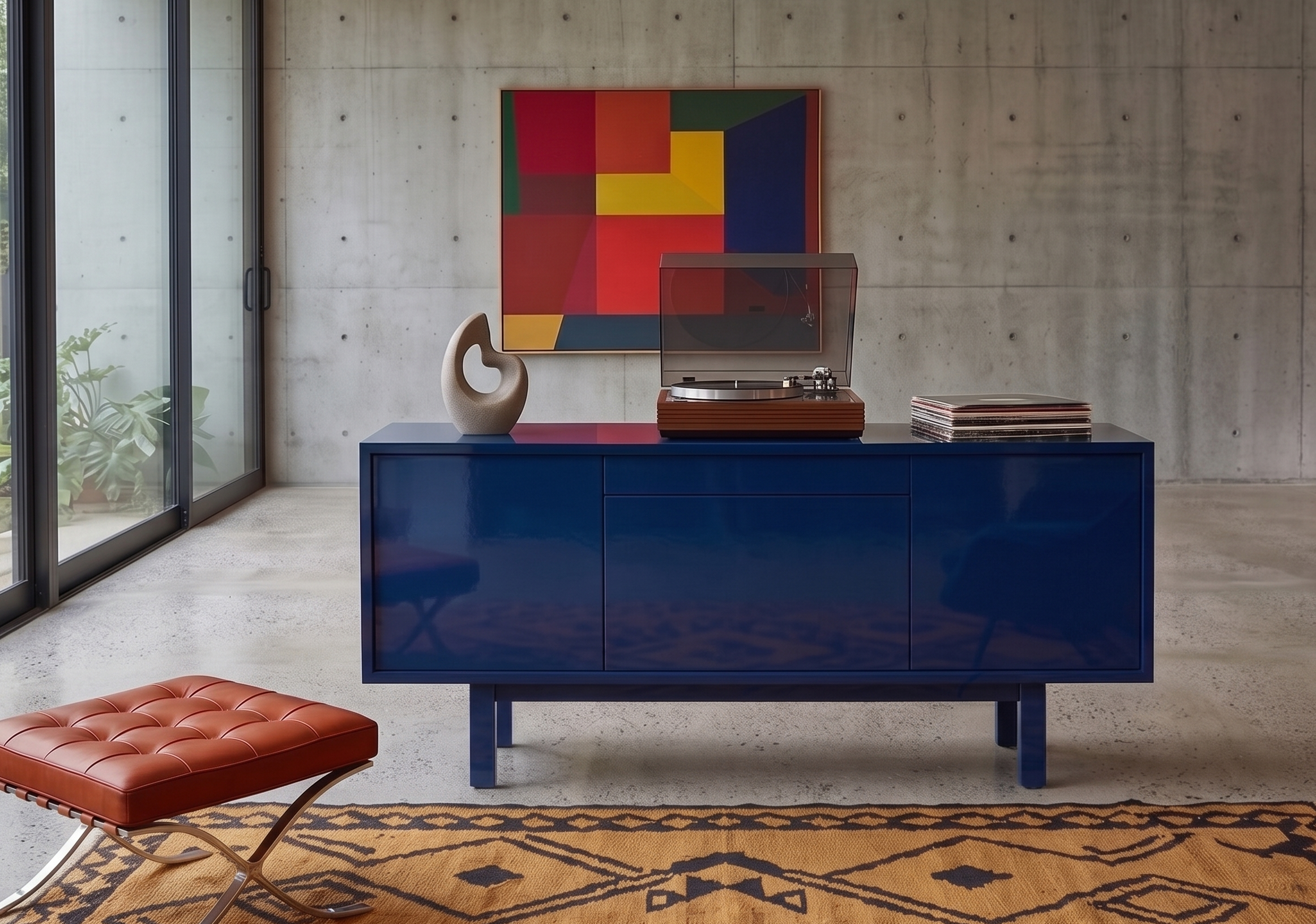 Modern interior with a concrete wall, abstract geometric art, a blue sideboard with vinyl record player, a decorative sculpture, and a stack of records. Floor has a patterned rug and a red leather bench with chrome legs.