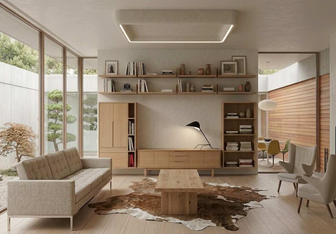 Modern living room with large windows, light wood furniture, beige sofa, armchairs, a wooden coffee table, bookshelf, and decorative items, with a cowhide rug on the floor.
