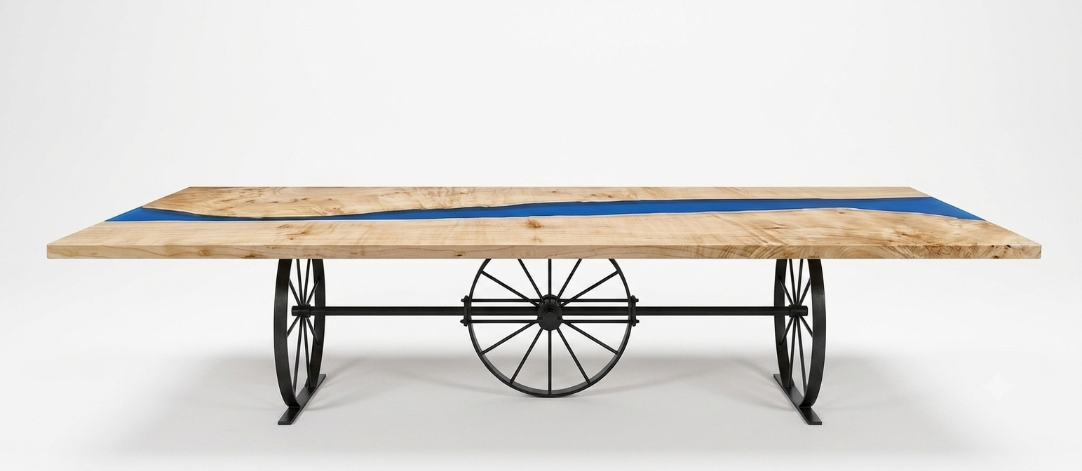 Wooden table with black metal wheel supports and a blue resin inlay design on the surface.