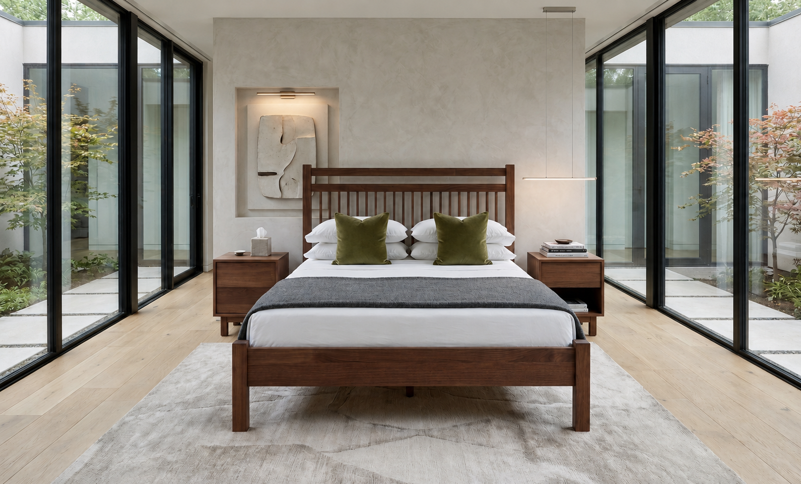 Modern bedroom with a wooden bed frame, white bedding, and two green pillows, flanked by two matching wooden nightstands, large glass sliding doors on both sides, and minimalistic wall art.