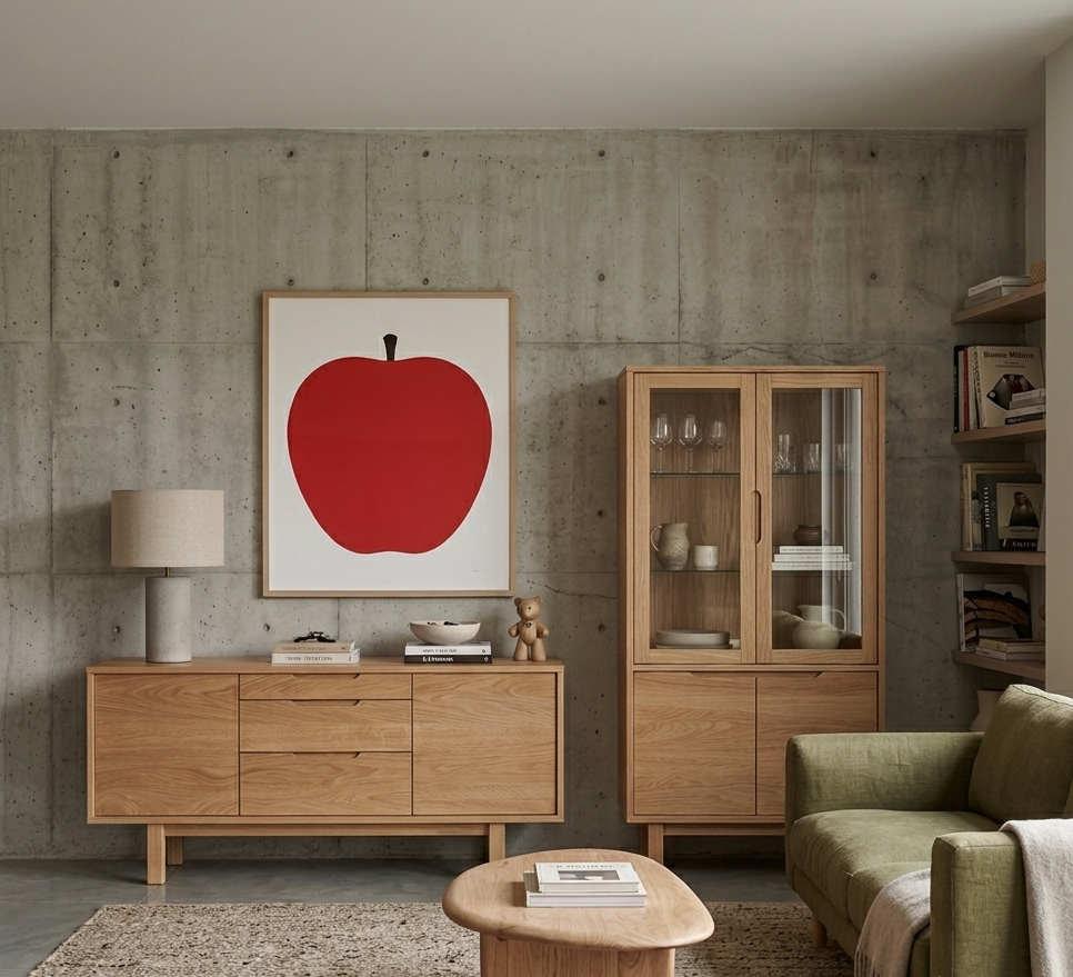 Modern living room with concrete wall, wooden furniture, green sofa, and minimalist decor, including a framed apple print overhead.