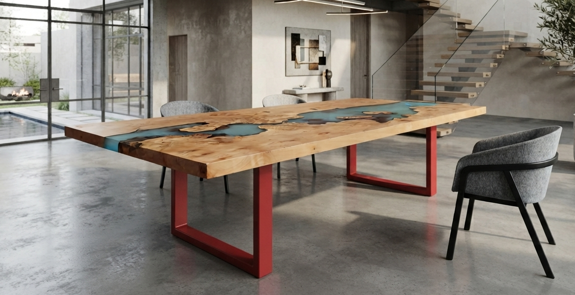 Modern dining room with a large wooden table featuring a resin river design, surrounded by gray upholstered chairs, with slanted staircase and glass doors in the background.