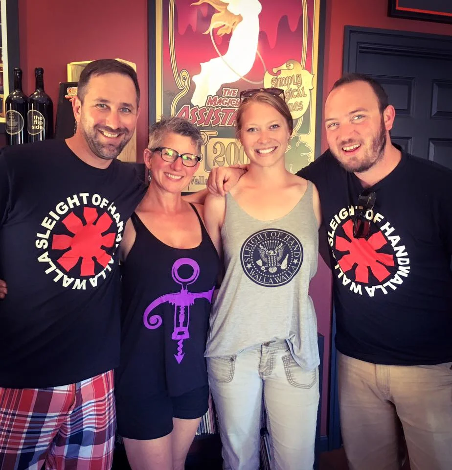 Trey Busch (Co-Owner + Winemaker) | Traci Garrett (Tasting Room Manager) | Erin Proctor (former Cellar Master + Viticulturist) | Keith Johnson (Production Winemaker) wearing awesome band inspired winery shirts... can you name all the references? *answers at bottom of post*