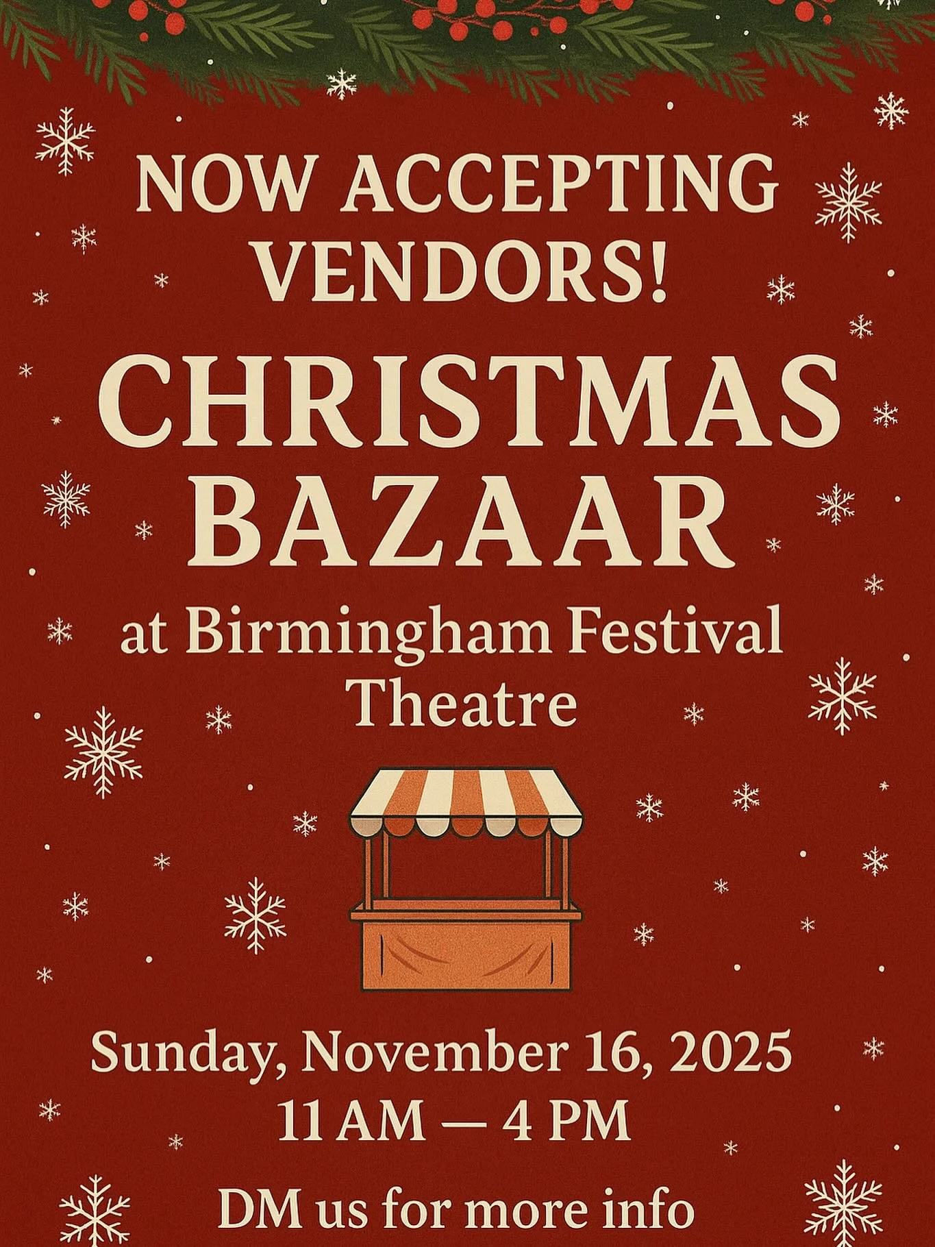 🎅🏽 It’s the most wonderful time of the year—at Birmingham Festival Theatre! 🎄
Join us for our Christmas Bazaar on Sunday, November 16, 2025, from 11AM–4PM 🎁
Shop local vendors, enjoy holiday treats, and even snap pictures with