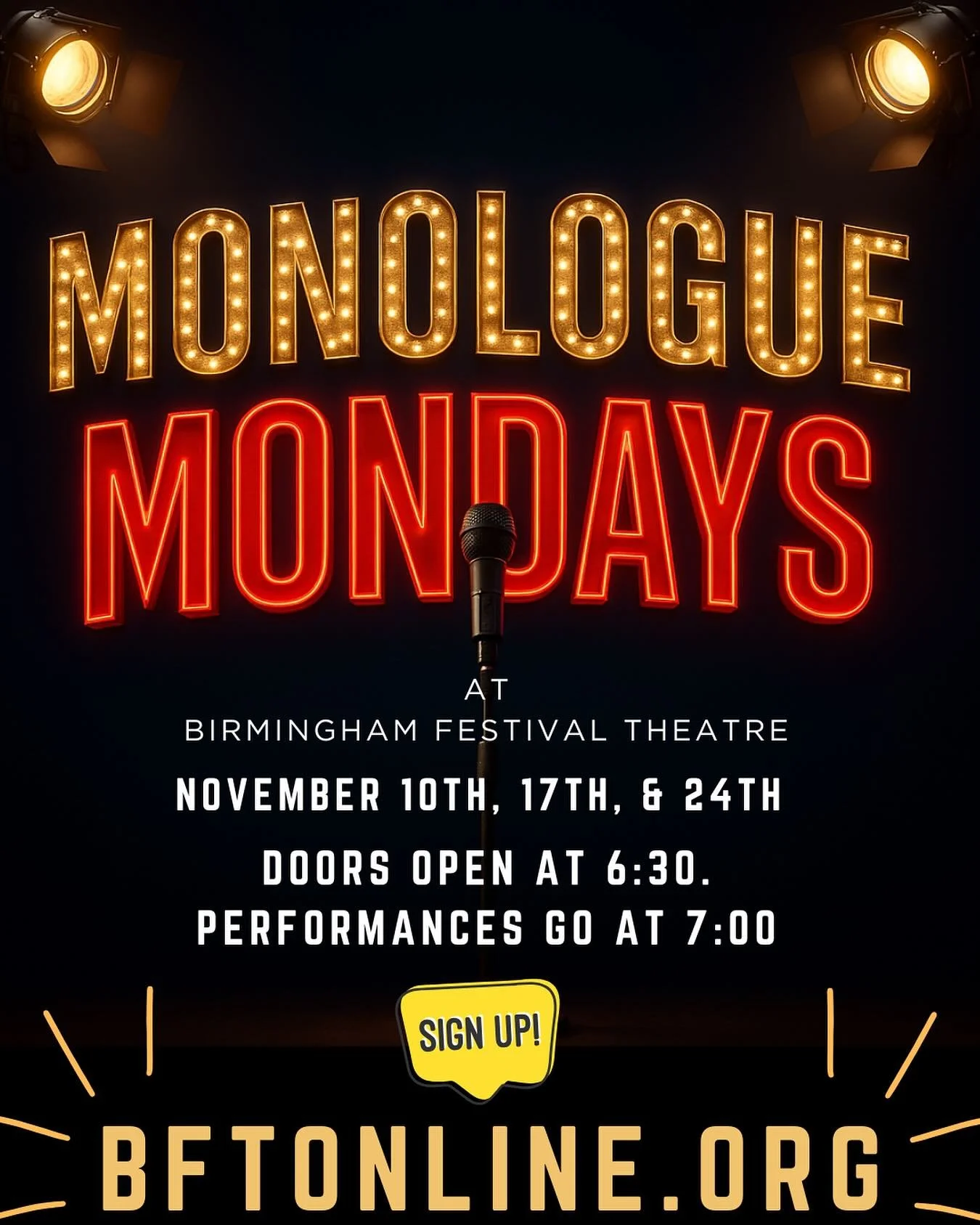 Monologue Mondays makes its return, but this time BFT is hosting and we are excited! Join us Monday evenings in November for this unique open mic for actors. Whether you sign up to perform or show up just to watch, this evening is sure to leave you w