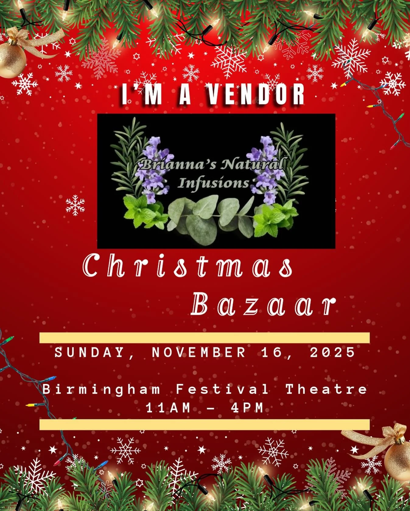 🌸 Nature meets the holidays! 🌿
We&rsquo;re thrilled to welcome Brianna&rsquo;s Natural Infusions to the Christmas Bazaar at Birmingham Festival Theatre! 🎄

Explore handcrafted, all-natural products infused with care and intention &mdash; perfect f