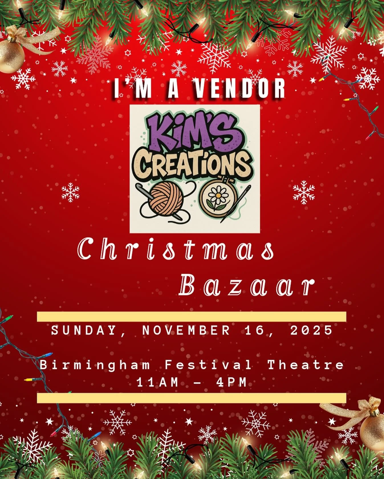 🎄✨ Exciting news! Kim&rsquo;s Creations will be a featured vendor at the Christmas Bazaar at Birmingham Festival Theatre!

From cozy crochet pieces to handcrafted treasures, Kim&rsquo;s Creations brings warmth and creativity to every stitch. 🧵💛 Co
