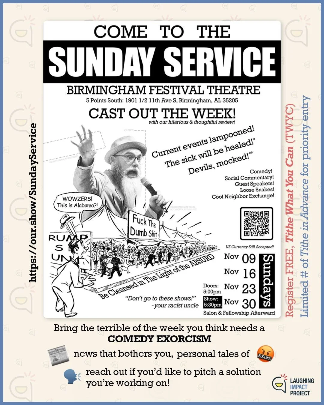 5:30pm Today! SUNDAY SERVICE
Cast out the week and start the next fresh!
Join comedians Christopher Davis @chrisdavisdoesstuff  and Matt Davis @mattdaviscomedy and area neighbors who don't suck!

Bonus: Tithe What You Can!, so join us for free and le