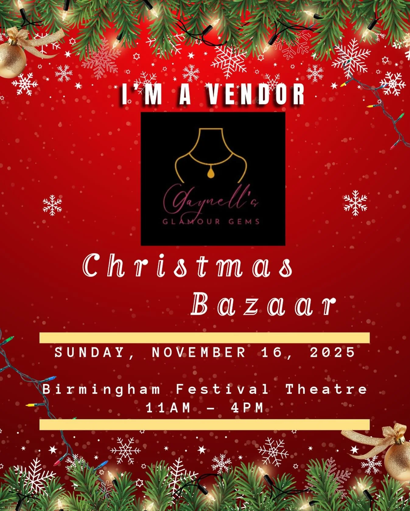✨ We&rsquo;re spreading holiday cheer at the Christmas Bazaar! ✨

💎 Gaynell&rsquo;s Glamour Gems is excited to be a vendor at this festive event &mdash; come shop dazzling jewelry, enjoy local vendors, and celebrate the season with us!

🎄 Sunday, N