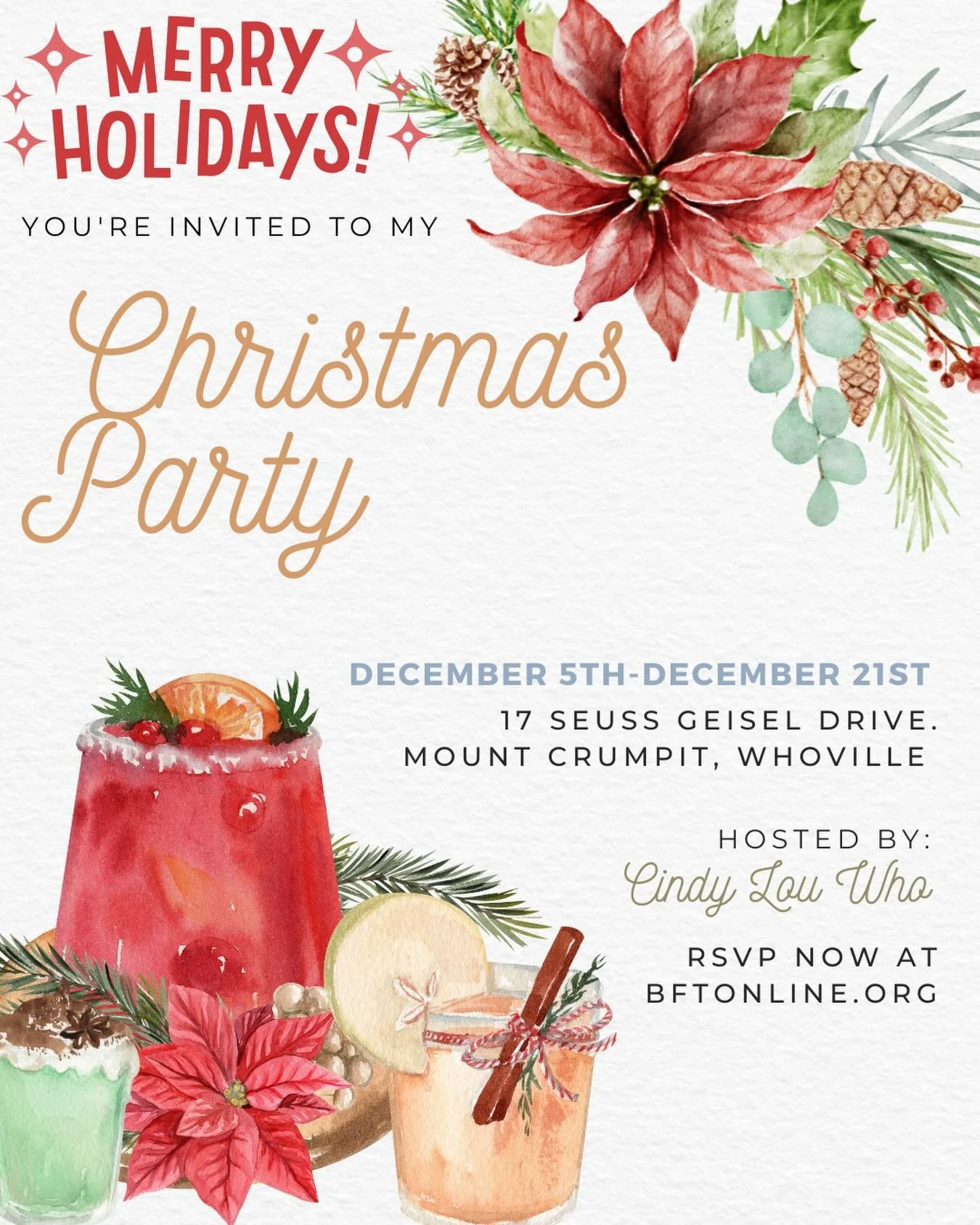 This Thanksgiving you are invited to Cindy Lou Who&rsquo;s Christmas party! Bring the adults on your family to this fun party. I hear the guest list is full of Seuss Celebrities. Come out and laugh this holiday season. Get tickets to that party, Who&