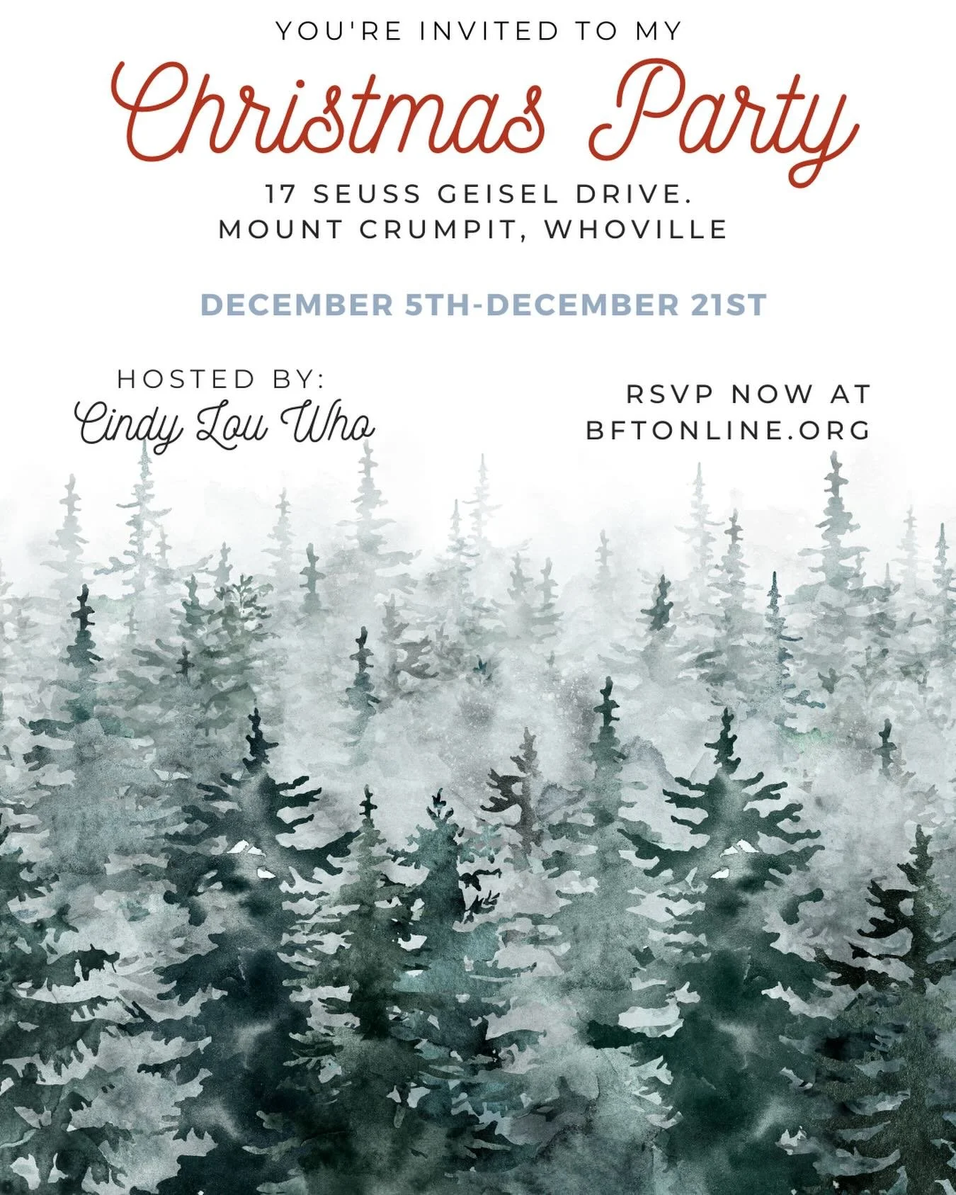 This Thanksgiving you are invited to Cindy Lou Who&rsquo;s Christmas party! Bring the adults on your family to this fun party. I hear the guest list is full of Seuss Celebrities. Come out and laugh this holiday season. Get tickets to that party, Who&