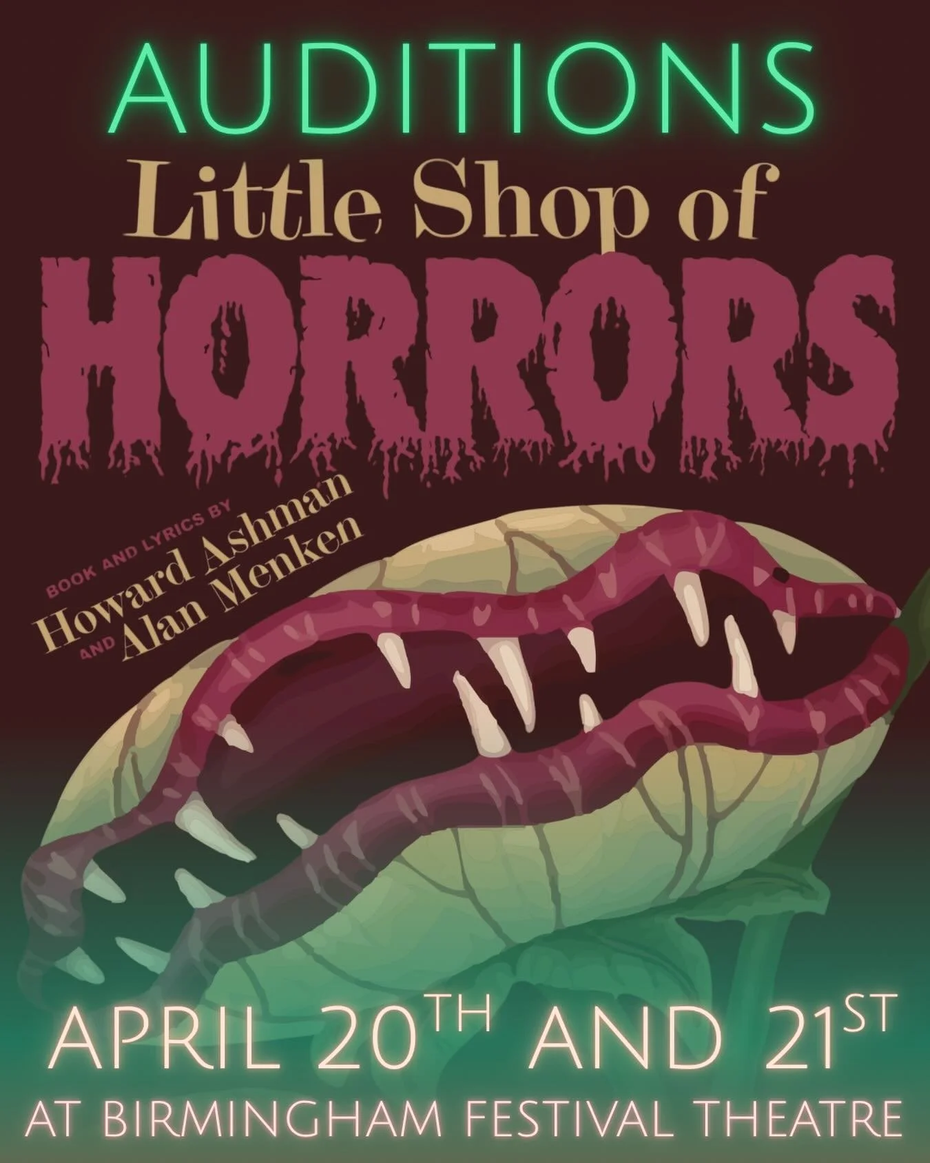 Encore Theatre and Gallery and Birmingham Festival Theatre are proud to present a joint community theatre production of the beloved musical Little Shop of Horrors, to be performed at the historic Carver Theatre in June 2026. Come play with us!
