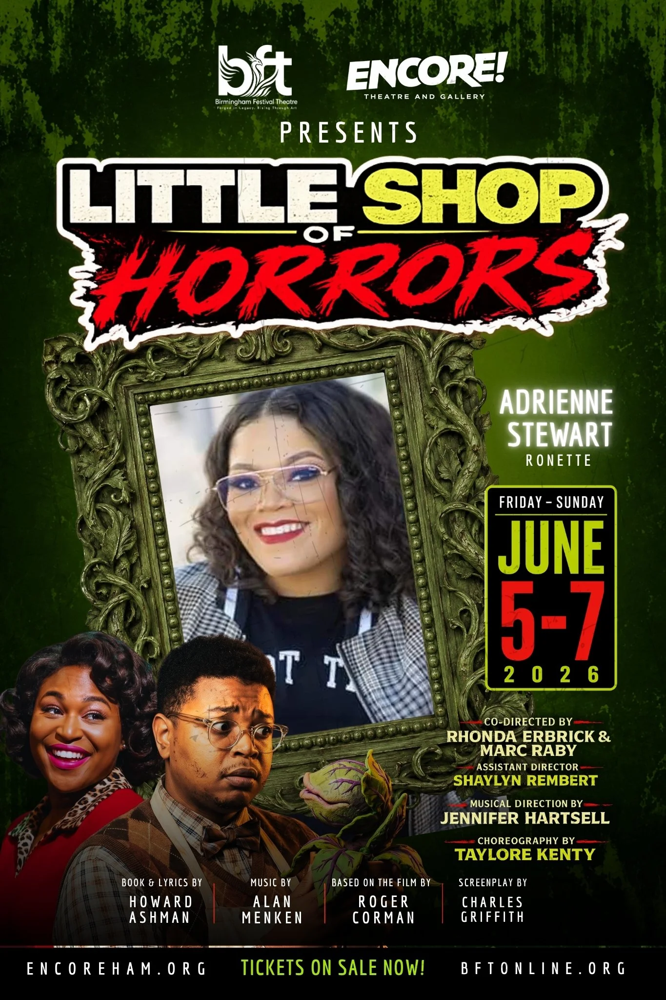 Adrienne Stewart (Ronnette) is thrilled to join the Little Shop of Horrors cast at the Carver Theatre! Playing this role is a childhood dream come true for Adrienne, who grew up singing 60s girl group hits. She thanks her family and friends for their