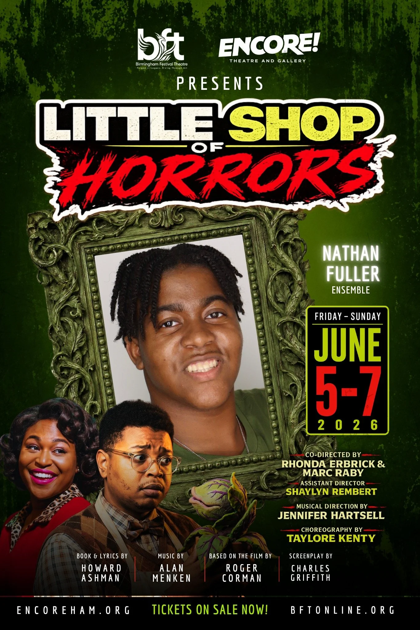 This is Nathan Fuller&rsquo;s debut with BFT and Encore. He is a 4th year student at UAB pursuing his Bachelor&rsquo;s degree in General Theatre. He has a full passion in performing whether it is singing, dancing, or acting. Last year, he has done un