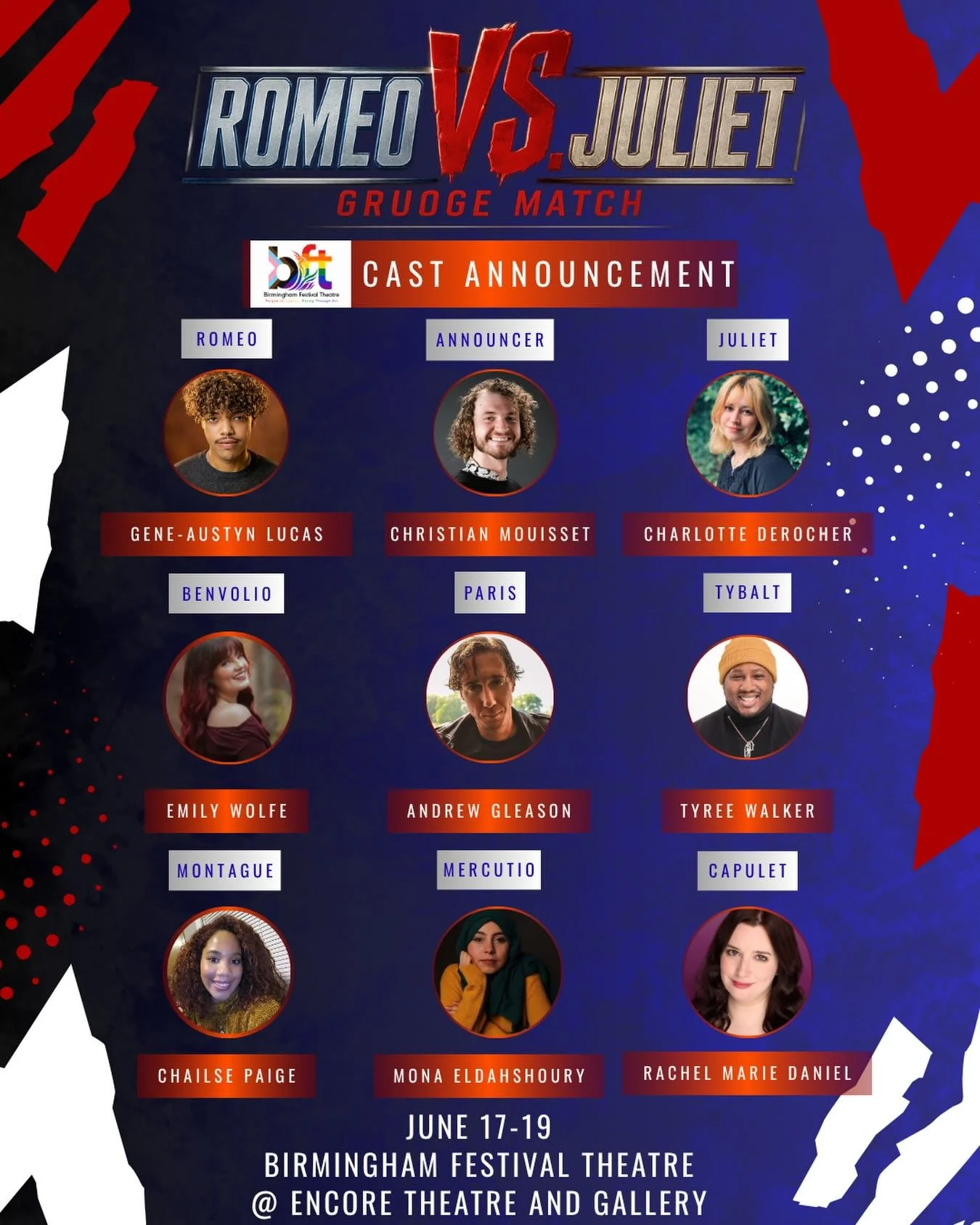 Announcing the cast of Birmingham Festival Theatres upcoming show, "Romeo VS. Juliet: Grudge Match" written by Robert Fuson. This choose-your-own-adventure piece of sports theatre divides the audience into teams and has everyone compete to 